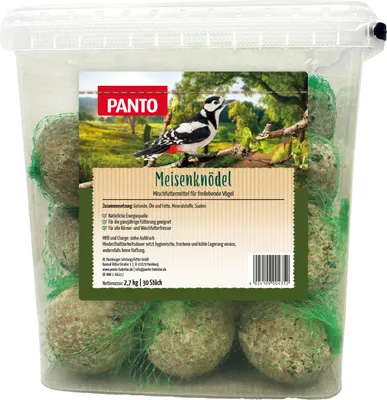 A clear plastic tub filled with bird food balls, each in a green mesh bag. A label with a picture of a bird and product information is attached to the front.