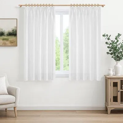 Productafbeelding van Kort Voilegordijn Linnenlook Wit 140 x 160 cm, Semi-Transparante Voilegordijnen met Plooiband, 2 Stuks voor Woonkamer, Slaapkamer, Eetka