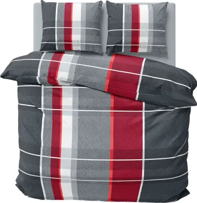 Produktbild von Winter Bettwäsche 240x220 cm kariert gestreift grau rot Flausch Warme Fleece