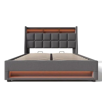 Produktbild von Polsterbett mit USB 140x200cm,LED Doppelbett mit Lattenrost aus Metallrahmen,Bettgestell aus Leinenmaterial Jugendbett
