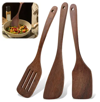 Produktbild von 3-teiliges Holzspatel-Set, Küchenspatel, Kochspatel aus Holz mit Holzmaserung, langer Griff, Antihaftbeschichtung
