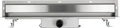 A stainless steel shower drain with a black drain cover is shown against a white background.