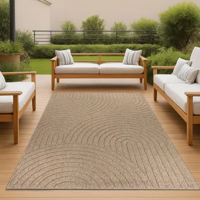 Produktbild von Teppich In- und Outdoor mit Kreislinien-Muster in Beige für moderne Wohn- und Außenbereiche Größe - 160 x 220 cm