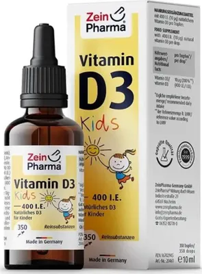 A product shot of a bottle of Vitamin D3 drops for children, next to its packaging.