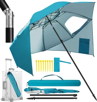 Produktbild von Faziango Strandschirm 210 cm Sonnenschirm mit UV Schutz 50+, neigbar mit Erdspieß und Tragetasche, wasserabweisender Gartenschirm für Strand, Garten & Balkon – Himmelblau mit Spiral-Erdspieß