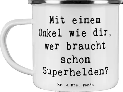 Produktbild von Mr. & Mrs. Panda Teetasse Spruch Super-Onkel - Weiß - Geschenk, Pott, lustige Onkel Sprüche, Familienangehöriger, Emaille Becher, Ersatzvater, Geschenke, Superhelden