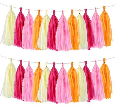 40 Papierquasten-Girlande, Seidenpapier, Rosé, Orange, Beige, Party-Deko