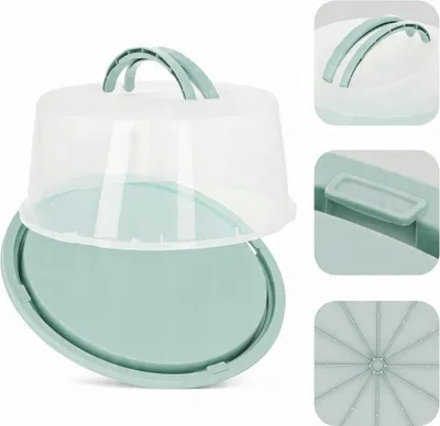 Zdjęcie produktu dla Pojemnik na ciasto okrągły 35 cm – miętowy transporter tortów z uchwytem