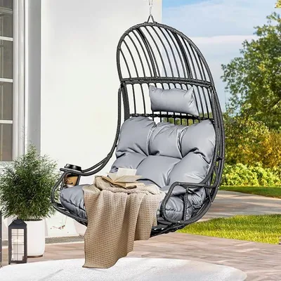 Imagen del producto de Silla colgante de ratán, capacidad de 150 kg, con cojín y portavasos, color gris