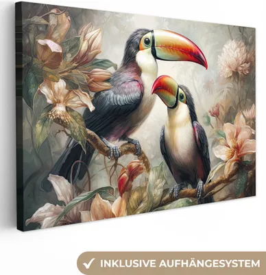 Produktbild von Wanddeko 120x80 cm - Tiere - Tukan - Vögel - Blumen - Dschungel, Deko Wohnzimmer, Bilder, Wanddeko