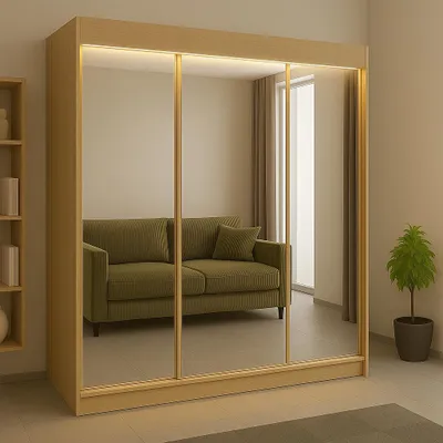 Obrázek produktu pro 3dveřová posuvná skříň RIO-1 180 x 215 cm, dub Sonoma – zrcadlové čela, v balení police, tyče, LED osvětlení, funkčnost a styl v jednom