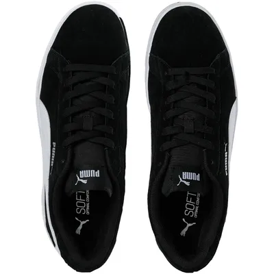 A top-down view of a pair of black Puma sneakers.
