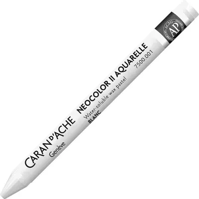 A single white wax crayon with text on it, set against a white background.