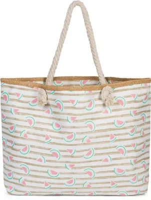 Imagen del producto de Bolsa de playa grande estilo "XXL" con estampado de sandías y rayas | Bolso de mano para mujer con asas de cordón y cierre de cremallera | Bolsa de playa con motivos de frutas | 59 x 38 x 15 cm
