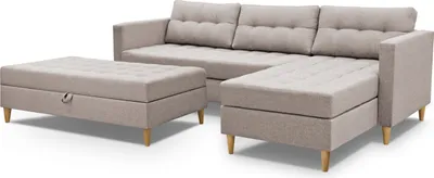 Immagine prodotto di 3xDivano angolare living MALORY - divano letto moderno con poggiapiedi, in marrone chiaro, gambe in legno, pouf montabile su entrambi i lati, larghezza 220 cm, 6 varianti di colore