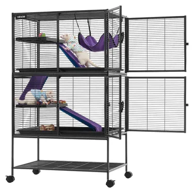 Zdjęcie produktu dla Klatka dla małych zwierząt VEVOR, metalowa, klatka dla fretki, klatka dla małych zwierząt, 77x52x130 cm, odpowiednia dla fretek, szynszyli, potworów, świnek morskich i królików, 4-poziomowa, odstęp między prętami 13,97 mm, z blokadą, obrotowe kółka