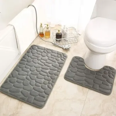 Produktbild von Badematten-Set, 2-teilig, Badezimmermatte und U-förmiger Kontur-Toilettenvorleger-Set, Memory-Schaum, rutschfest, saugfähig, maschinenwaschbar, schnell trocknend, Duschboden-Badematte,Grau