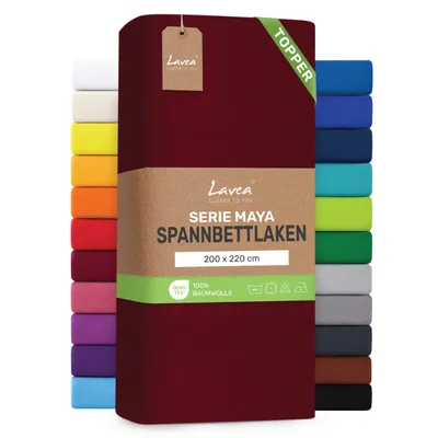 Produktbild von Lavea® Topper Spannbettlaken 200x220 cm, Maya 100% Jersey Baumwolle – Weiches Spannbetttuch Topper bis 10 cm- Bordeaux