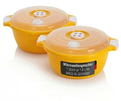 Produktbild von 2 Stück Set Mikrowellenschüssel mit Deckel und Dampfventil Volumen 1,8 Liter Mikrowellenbehälter Gelb rund Mikrowellen Kühlschrank Picknick Schüssel