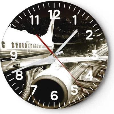 Produktbild von Wanduhr - Rund - Glasuhr - Flugzeug Straßen Stadt - 40x40cm - Schleichendes Uhrwerk - Lautlos - zum Aufhängen bereit - Dekoration Modern - Wanddekoration aus Glas - C4AR40x40-0180