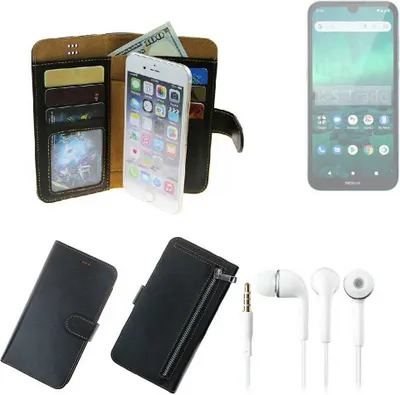 Produktbild von TOP SET Handy Hülle Schutz Hülle kompatibel mit Nokia 1.3  schwarz aus Kunstleder + Kopfhörer Smartphone Tasche vollwertige Geldbörse  K-S-Trade®