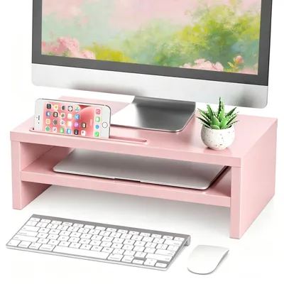 Imagen del producto de Soporte de madera para monitor, diseñado para elevar la pantalla de forma ergonómica
