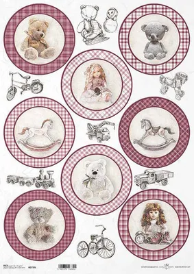 Produktbild von ITD Reispapier Decoupage Bastelpapier Serviettentechnik, A3 ITD-799L Teddybären, Spielzeug, rosa kariert