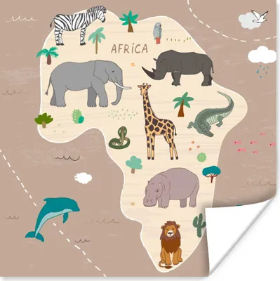 Produktbild von MuchoWow® Poster Tiere - Weltkarte - Kinder - Afrika - Jungen - Mädchen 50x50 cm - Wohnzimmerdekoration
