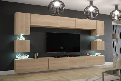 Produktbild von Furnitech Wohnwand Wohnzimmer - Wohnzimmer Möbel mit LED Weiß-Sonoma Eiche - Hängend Wohnwand Modern - Regale und TV Schrank (Nawara Sonoma Eiche)