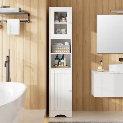 Image de Armoire haute de 160 cm, étroite, avec porte en verre sur cadre, étagères réglables, étagères ouvertes, espace de rangement