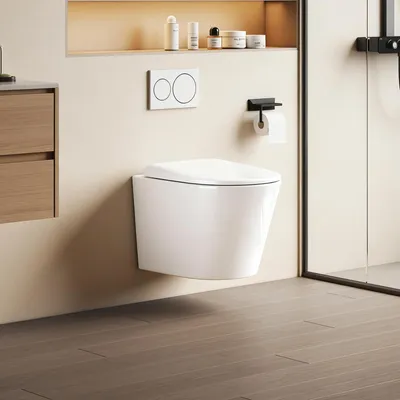 Immagine prodotto di WC sospeso EMKE in ceramica a doppio foro con risciacquo a risparmio idrico, con scarico diretto e coperchio a chiusura ammortizzata, a bassa rumorosità, bianco lucido