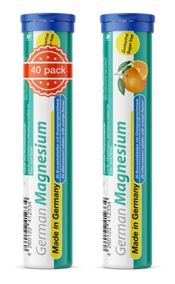 Produktbild von German Magnesium Brausetabletten 2x20 Stk. Orangengeschmack – 200 mg Magnesium Zuckerfrei – T&D Pharma –  Germany