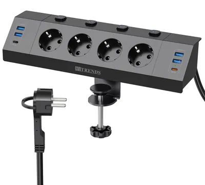 Obrázok produktu pre Zásuvka do dosky s USB portami, zásuvková lišta do kancelárie s 4 zásuvkami, vypínačom a 3-metrovým káblom