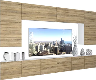 Produktbild von BELINI Wohnwand Vollausstattung Wohnzimmer-Set Moderne Schrankwand mit LED-Beleuchtung Weiß Glänzend Anbauwand TV-Schrank Sonoma Eiche Matt