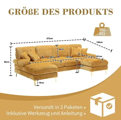 Productafbeelding van U-vormige Hoekbank - Hoekbank - Bank - Sofa - Zitbank - Geel - Hoogwaardig Chenille Stof