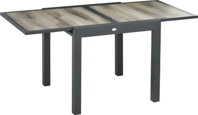 Produktbild von Zahradní stůl Outsunny, jídelní stůl na zahradu s rozkládací deskou, stůl na terasu s dřevěným vzhledem, hliníkový stůl na balkon, béžová + šedá, 160 x 80 x 75 cm