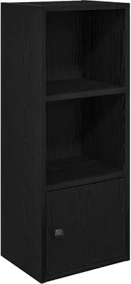A black wooden bookshelf with one door at the bottom and two open shelves above.