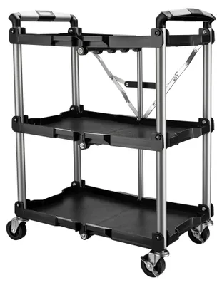 Produktbild von Wiltec klappbarer Rollwagen mit 3 Ebenen, Servierwagen bis 120 kg, Küchenwagen aus Alu, Transport Rollwagen für Werkstatt, Büro, Gastronomie