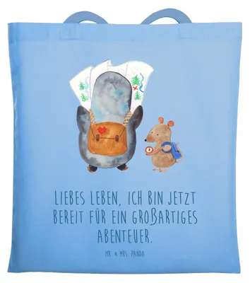 Produktbild von Mr. & Mrs. Panda Beutel Pinguin & Maus Wanderer - Sky Blue - Geschenk, Tote Bag, Einkaufstüte, Wandern, Abenteuer, Pinguine, Tasche, Stoffbeutel, Schultasche