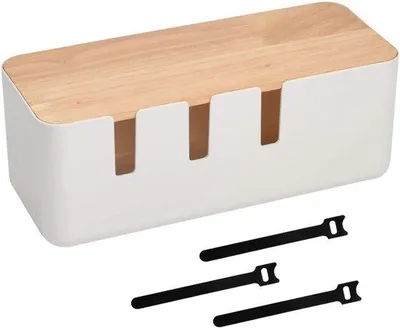 Produktbild von Famanu Kabelbox mit Holzdeckel - 30,2 x 12,5 x 11,5 cm - Kabelmanagementbox in Weiß