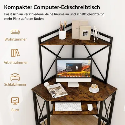 Immagine prodotto di Scrivania con stazione di ricarica tavolo angolare per computer con ripiano per tastiera e 2 ripiani 113 x 75 x 145 cm Marrone rustico + nero