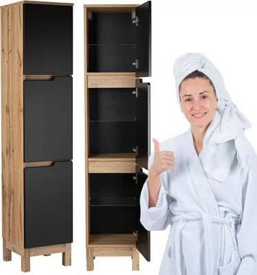 Zdjęcie produktu dla Słupek Łazienkowy Stojący Astor Alma 35cm Czarny Wotan z Szklanymi Półkami - Nowoczesny i Funkcjonalny Design