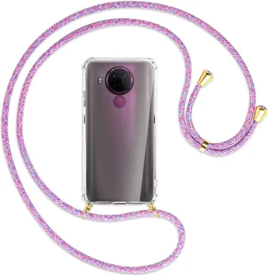 Produktbild von Handykette Backcover-Schutzhülle mit Band (Metall goldfarben) für Nokia 5.4 - lila/rosa/blau