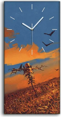 Produktbild von Wanduhr Uhr Wandbild Leinwand 30x60 Feld Vogelscheuche Sonnenuntergangs - weiße Hände
