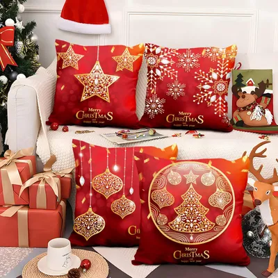 Kissenbezüge 60x60 cm, 4er-Set, Weihnachtsmotiv, Rot, Kurzflor-Plüsch