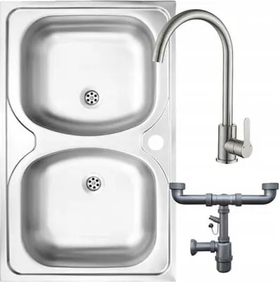 A stainless steel double sink with a faucet and drain assembly, presented on a white background.
