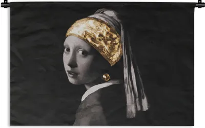 Produktbild von MuchoWow® Wandteppich Wandbehang Mädchen mit Perlenohrring - Vermeer - Gold - Schwarz - Weiß 120x80 cm Tapisserie Dekoration Wandtuch - Wanddekorationen - Wandtücher