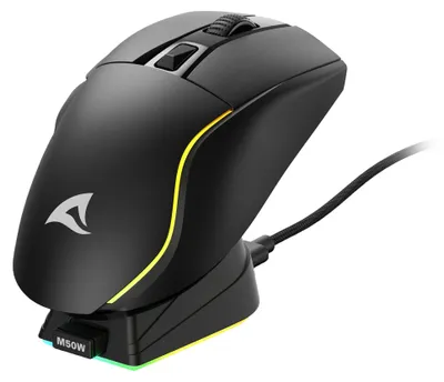 Zdjęcie produktu dla Sharkoon SGM50W, Po prawej stronie, Optyczny, RF Wireless + USB Type-A, 6400 DPI, Czarny