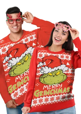 Produktbild von The Grinch Weihnachtspullover Uni - Merry Grinchmas Winter Strick Pullover Sweatshirt Ugly Christmas Sweater Weihnachten für Herren & Damen Rot M