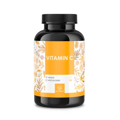 Produktbild von NATURALKRAFT® Premium Vitamin C 1000 mg pro Tagesdosis mit Sonnenblumenphospholipid Pulver und Hagebutten-Extrakt – 180 vegane Kapseln